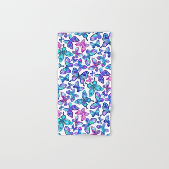Watercolor Fruit Patterned Butterflies - aqua and sapphire Hand & Bath Towel