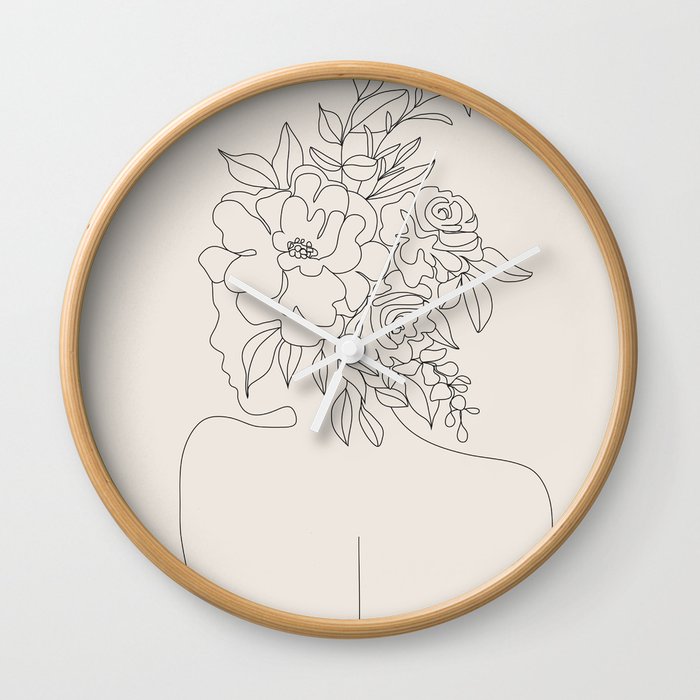 Woman with Flowers Minimal Line I Wall Clock