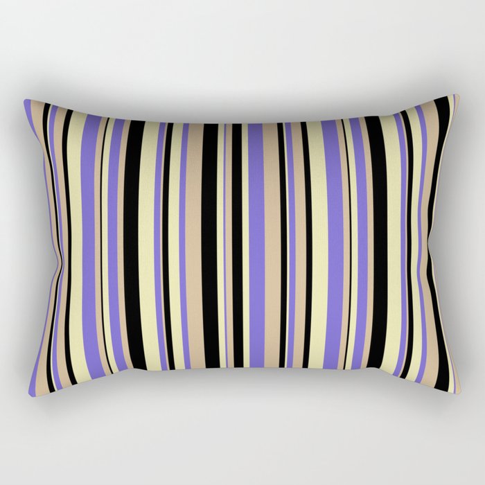Slate Blue, Pale Goldenrod, Black & Tan Colored Striped/Lined Pattern Rectangular Pillow