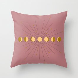 Moon Phases in gold with a starburst and dusty rose background Throw Pillow
