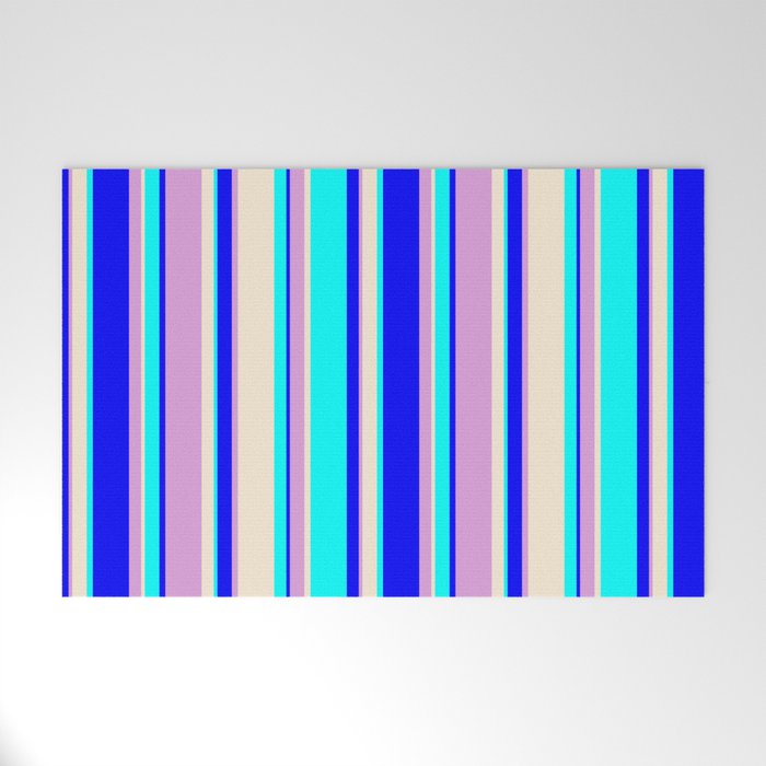 Aqua, Beige, Plum & Blue Colored Lined Pattern Welcome Mat