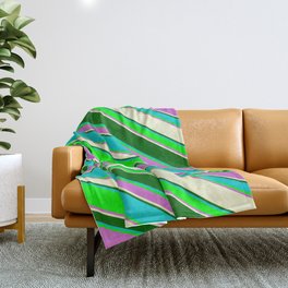 [ Thumbnail: Vibrant Dark Turquoise, Lime, Orchid, Light Yellow, and Dark Green Colored Stripes Pattern Throw Blanket ]