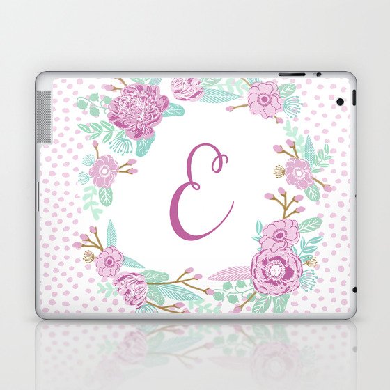 Monogram E - cute girls purple florals flower wreath, lilac florals, baby girl, baby blanket Laptop & iPad Skin