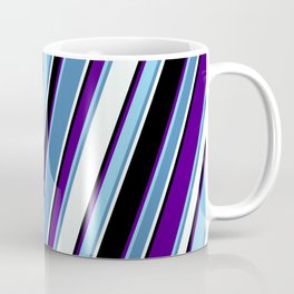 [ Thumbnail: Colorful Indigo, Sky Blue, Blue, Mint Cream, and Black Colored Lines Pattern Coffee Mug ]