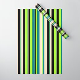 [ Thumbnail: Light Green, Teal, Bisque & Black Colored Lined/Striped Pattern Wrapping Paper ]