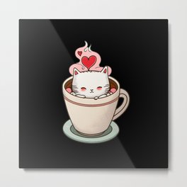 Kitty & Coffee Combo, Latte Art Design for Couples Celebrating Love Metal Print | Adorablecat, Japancat, Forcatowner, Coffeeaddiction, Romantic, Sillycat, Forcoffeelover, Coffeetime, Ilovemycat, Roast 