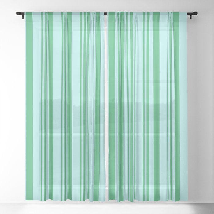 Sea Green and Turquoise Colored Lined/Striped Pattern Sheer Curtain