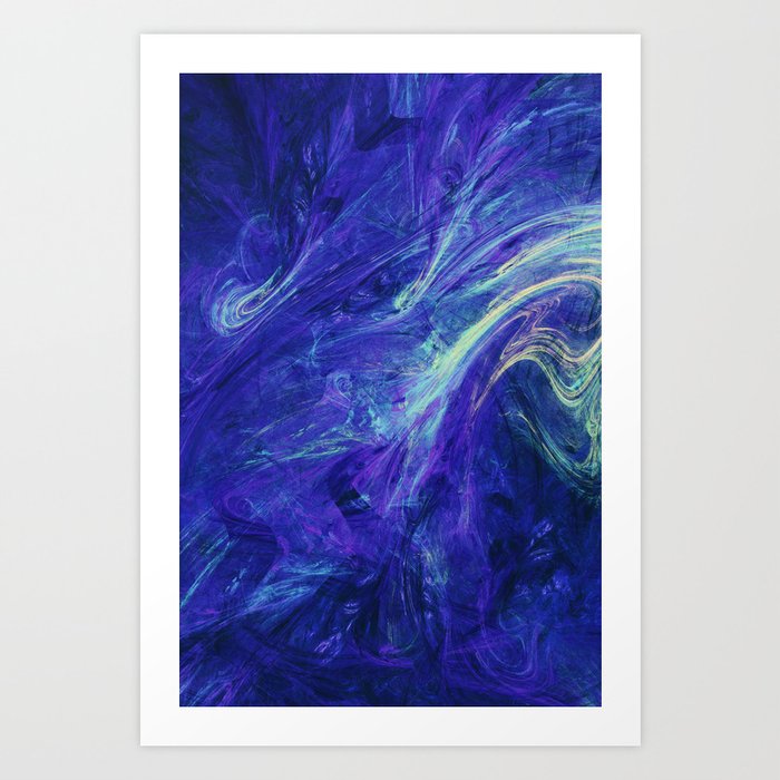Blue Liquid Splash Neon Swirl Abstract Artwork Art Print