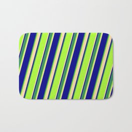 [ Thumbnail: Light Green, Tan, Dark Blue & Sea Green Colored Striped Pattern Bath Mat ]