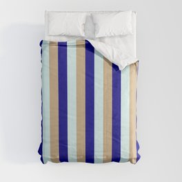 [ Thumbnail: Tan, Dark Blue & Light Cyan Colored Lines Pattern Comforter ]