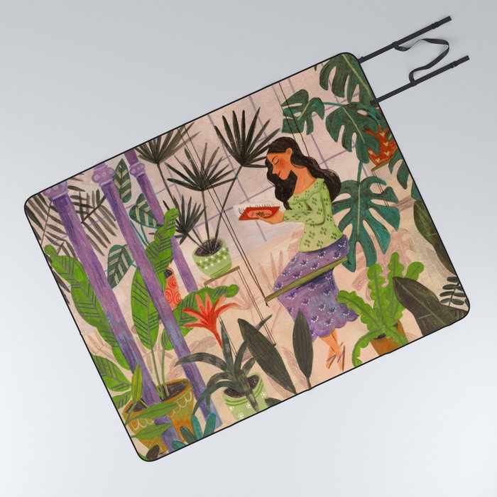 Very Peri plant lady mindful gardening greenhouse jungle | Caroline Bonne Muller Picnic Blanket