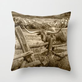 Texas Longhorn Steer by an Old Wooden Fence in Sepia Tone Throw Pillow