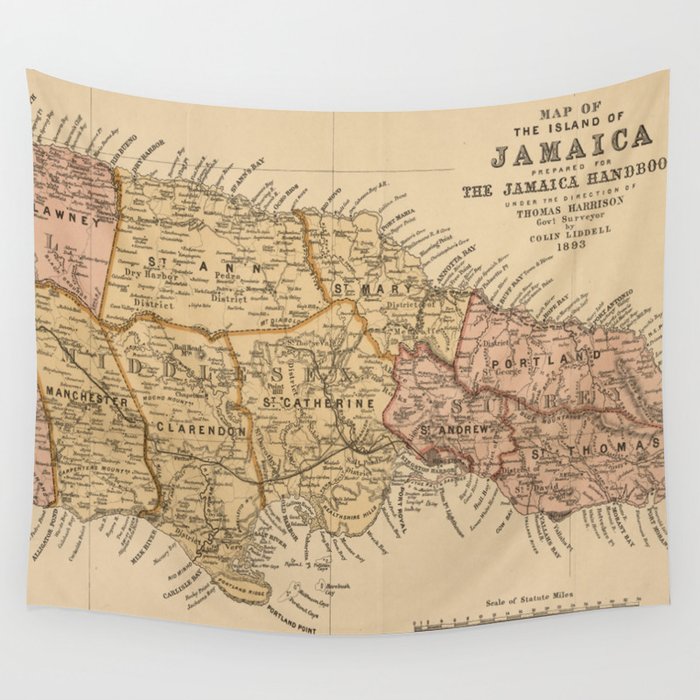 Vintage Map of Jamaica (1893) Wall Tapestry by BravuraMedia  Society6