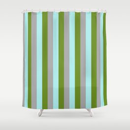 [ Thumbnail: Green, Dark Gray & Turquoise Colored Lined Pattern Shower Curtain ]