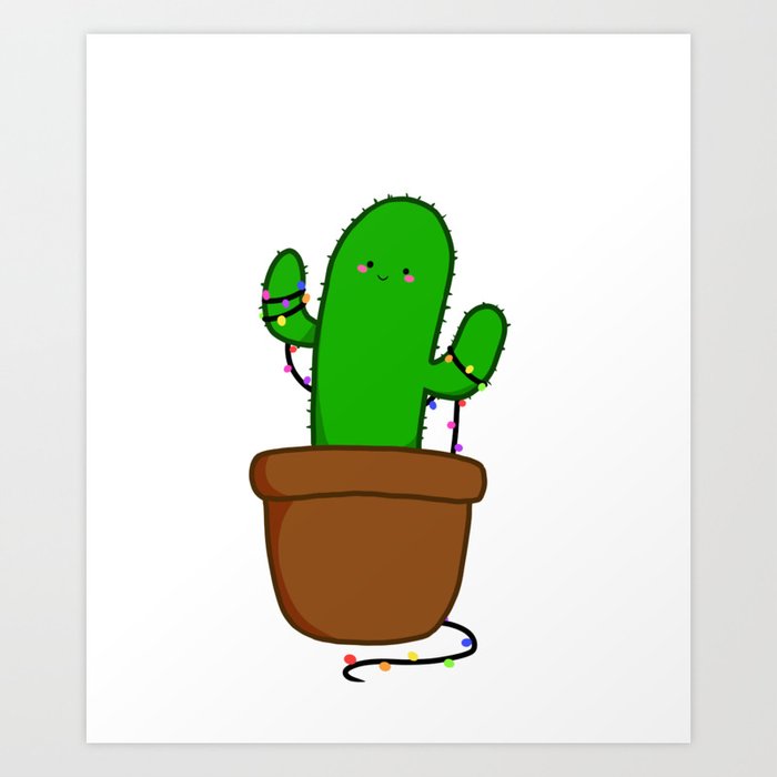 Christmas Cactus Illustration In A Pot With Christmas String Lights Art Print By Madzakka Society6