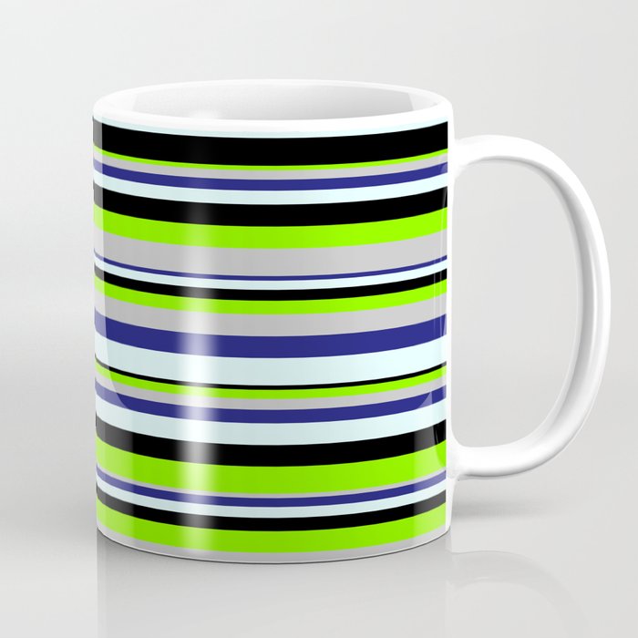 Vibrant Chartreuse, Grey, Midnight Blue, Light Cyan & Black Colored Lined/Striped Pattern Coffee Mug