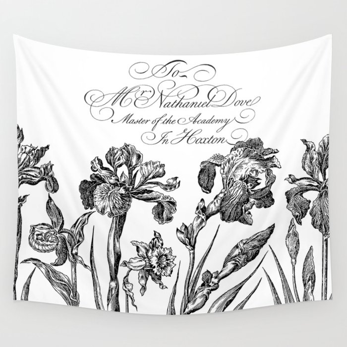 Historic Flowers And Script Drawing Black And White Wall Tapestry
