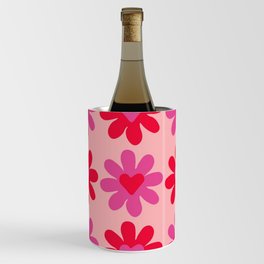 Pink and Red Retro Flowers with Hearts Pattern, Indie Decor - Preppy Aesthetic Wine Chiller