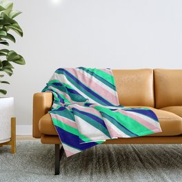 [ Thumbnail: Vibrant Pink, Green, Blue, Teal, and White Colored Striped/Lined Pattern Throw Blanket ]