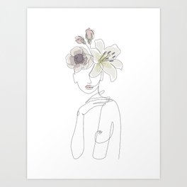 Blooming Beauty / Girl portrait drawing with flowers / Explicit Design Art Print