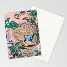 Ginger Cat in Peacock Chair with Indoor Jungle of House Plants Interior Painting Stationery Card