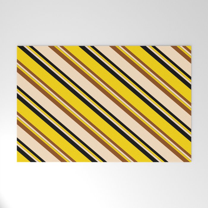 Yellow, Brown, Bisque & Black Colored Pattern of Stripes Welcome Mat