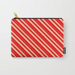 [ Thumbnail: Tan & Red Colored Lined/Striped Pattern Carry-All Pouch ]
