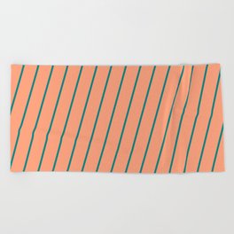 [ Thumbnail: Light Salmon and Teal Colored Striped Pattern Beach Towel ]