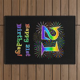 [ Thumbnail: 21st Birthday - Fun Rainbow Spectrum Gradient Pattern Text, Bursting Fireworks Inspired Background Outdoor Rug ]