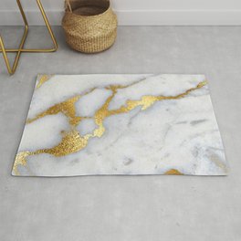 White and Gray Marble and Gold Metal foil Glitter Effect Area & Throw Rug