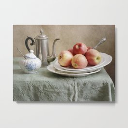 Red Apples on Green Metal Print | White, Dishes, Red, Fresh, Stilllife, Tablecloth, Green, Teapot, Sugar Bowl, Apples 