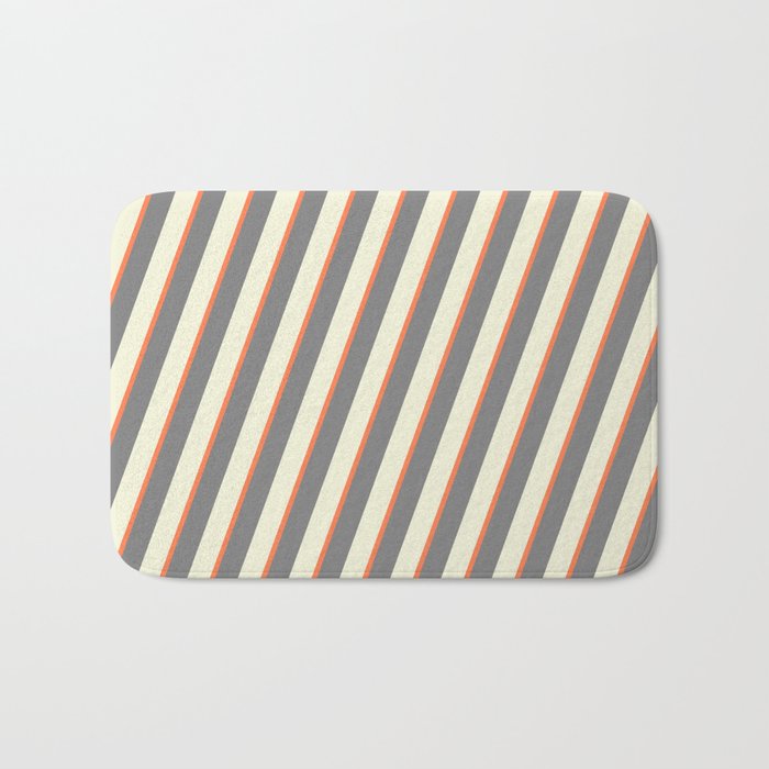 Beige, Coral & Grey Colored Lined Pattern Bath Mat