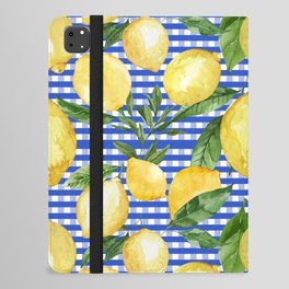 Sunny lemons on blue check pattern iPad Folio Case