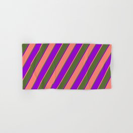 [ Thumbnail: Dark Olive Green, Dark Violet & Salmon Colored Striped/Lined Pattern Hand & Bath Towel ]