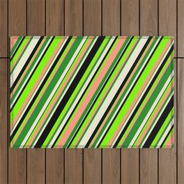 [ Thumbnail: Eyecatching Chartreuse, Light Salmon, Forest Green, Beige & Black Colored Striped/Lined Pattern Outdoor Rug ]
