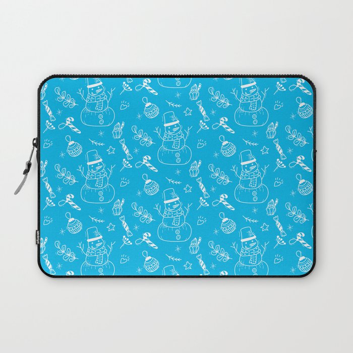Turquoise and White Christmas Snowman Doodle Pattern Laptop Sleeve
