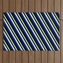 [ Thumbnail: Lavender, Light Green, Blue & Black Colored Pattern of Stripes Outdoor Rug ]