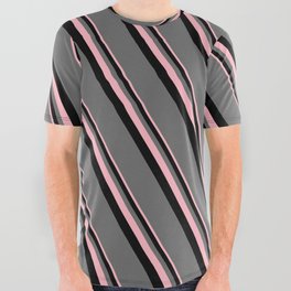 [ Thumbnail: Light Pink, Black, and Dim Gray Colored Lines/Stripes Pattern All Over Graphic Tee ]