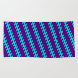 [ Thumbnail: Indigo and Dark Turquoise Colored Striped/Lined Pattern Beach Towel ]