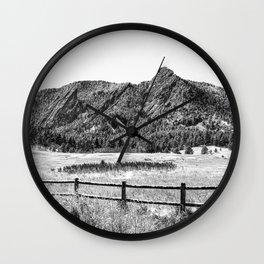 Flatirons Boulder // Black and White Colorado Mountains Snow Dust Fence Line Wall Clock