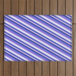 [ Thumbnail: Dark Slate Blue, Royal Blue, Purple, and Lavender Colored Striped/Lined Pattern Outdoor Rug ]