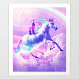 Kitty Cat Riding On Flying Unicorn With Rainbow Art Print