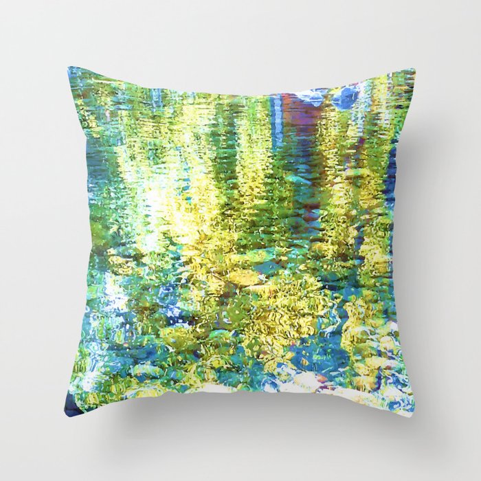 Sparks of gold on the water, sparkle, water, gold, shine, sun, turquoise, aqua, color, abstract, navy, blue, pebbles, river, reflection, summer, adventure, nature, beach, sea, ocean,  Throw Pillow