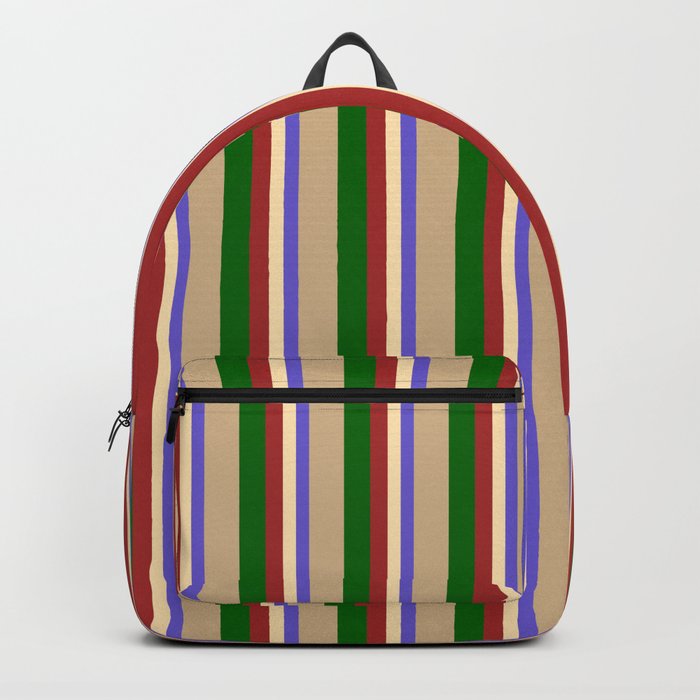 Colorful Slate Blue, Beige, Brown, Dark Green, and Tan Colored Lines Pattern Backpack