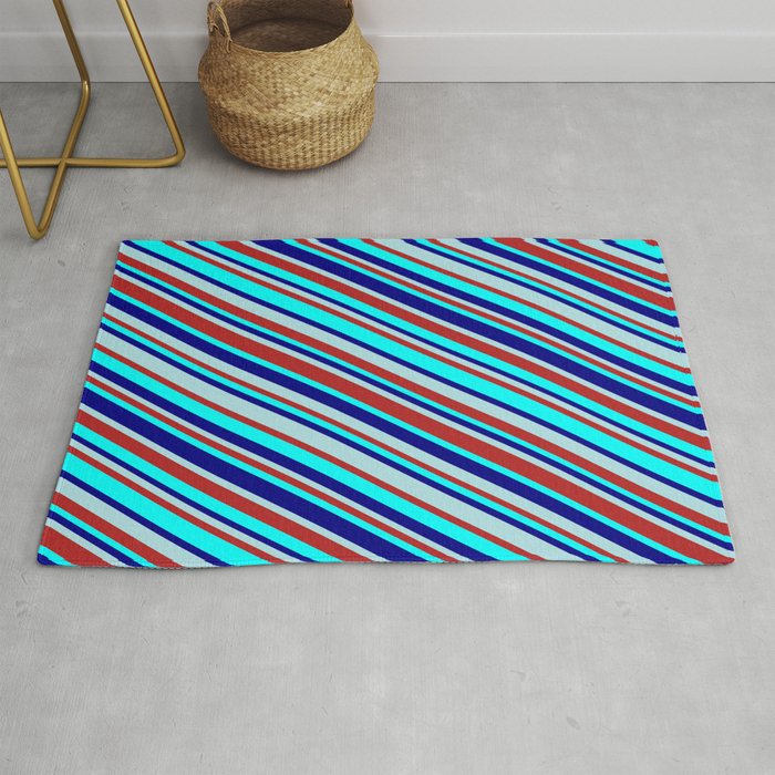 Powder Blue, Red, Aqua, and Blue Colored Lined Pattern Rug