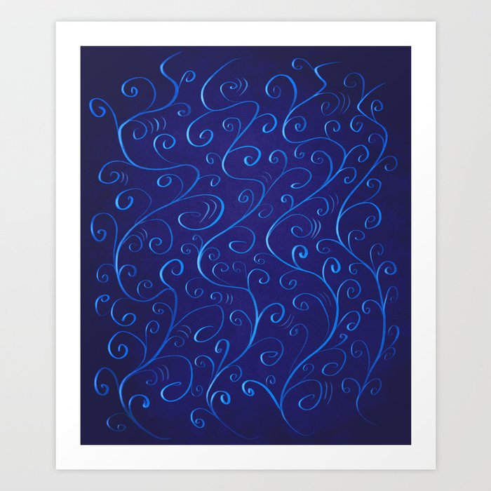Mysterious Glowing Blue Swirls Art Print | Painting, Digital, Abstract, Illustration, Pattern, Swirls, Twirls, Blue, Dark, Glow