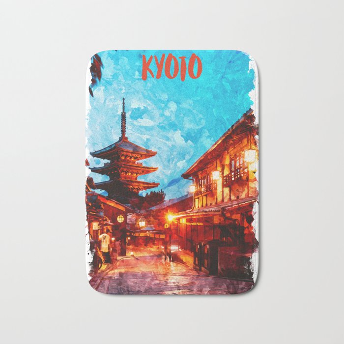 Kyoto Japan city watercolor Bath Mat