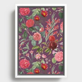 Blooming Rose Garden - Vintage Botanical Illustration Collage - Dark Purple Framed Canvas
