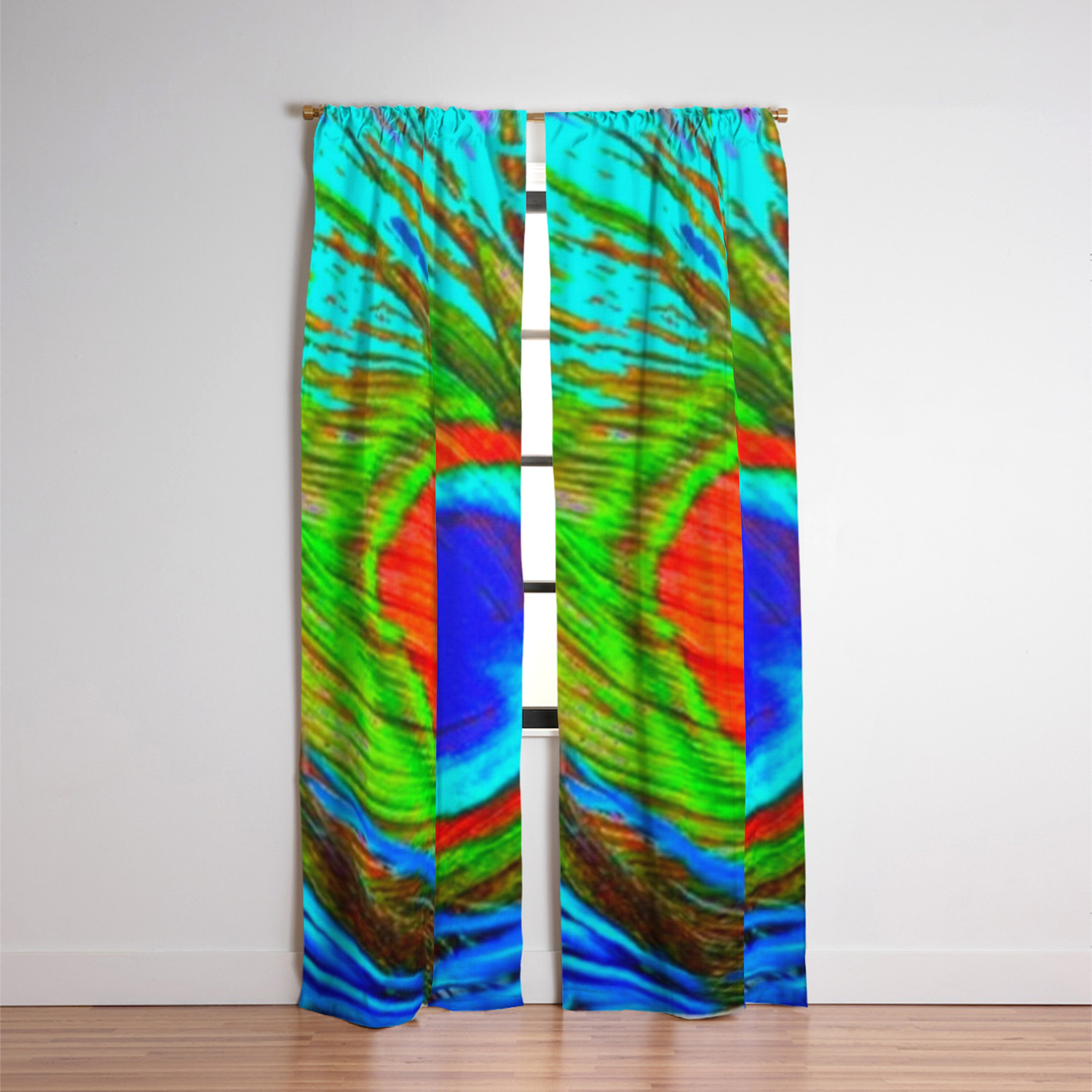 Baby Blue Green Peacock Feathers Art Blackout Curtain By