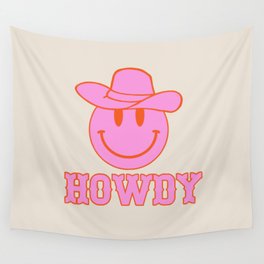 Happy Smiley Face Says Howdy - Western Aesthetic Wall Tapestry | Cowgirl, Greeting, Typography, Cowboy, Texas, Emoji, Austin, Preppy, Office, Meme 